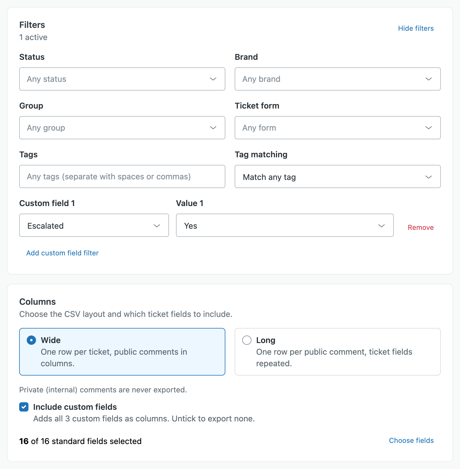 Ticket filters with a custom field filter, and the Columns card