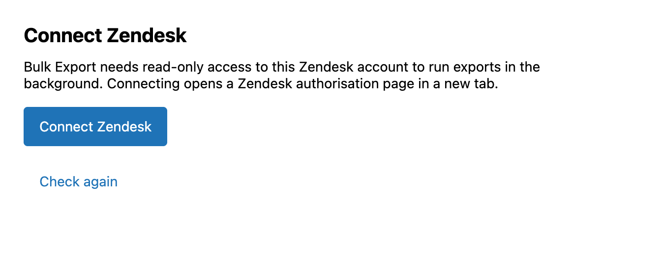 The Connect Zendesk screen