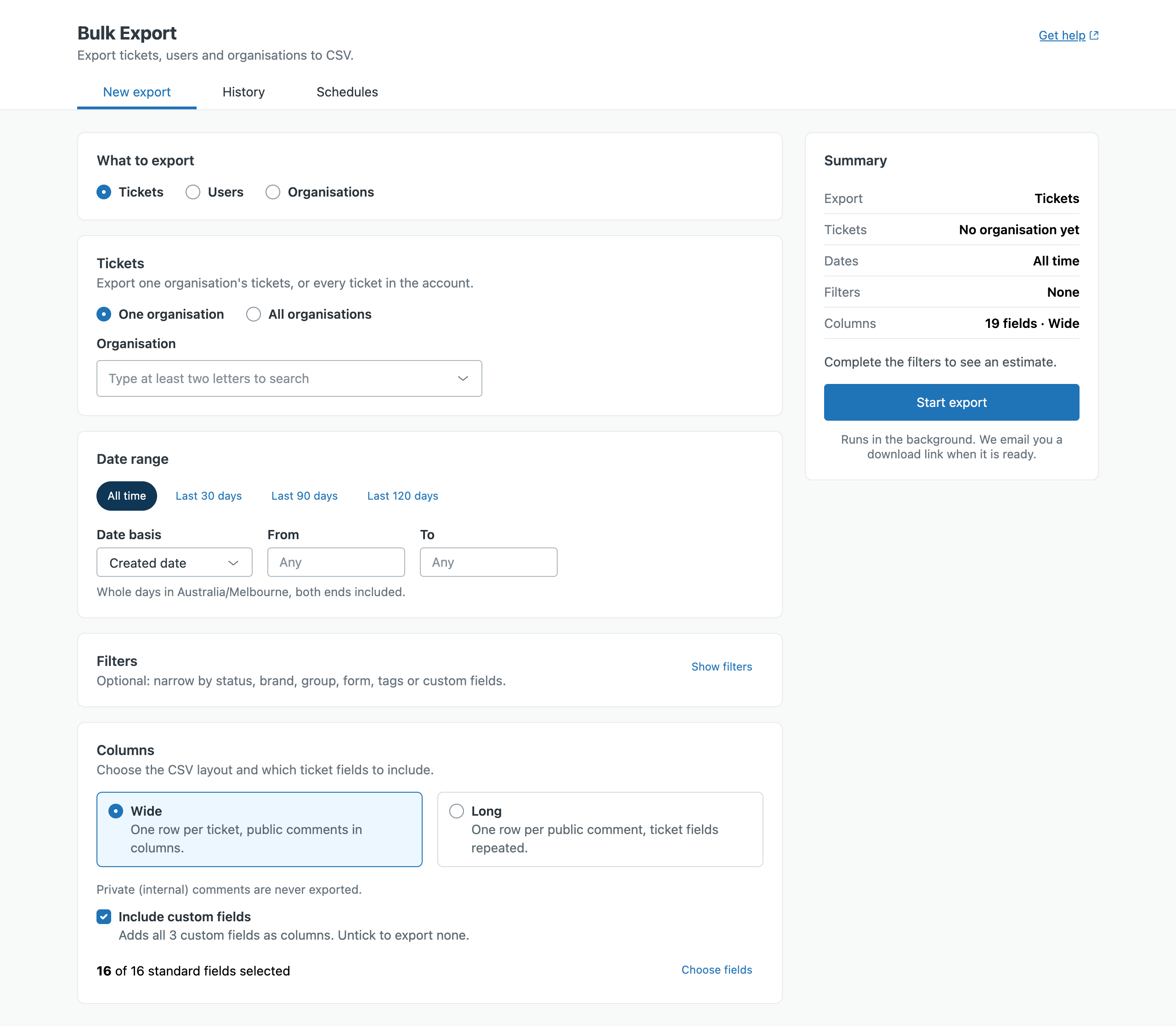 The New export screen with the Summary panel