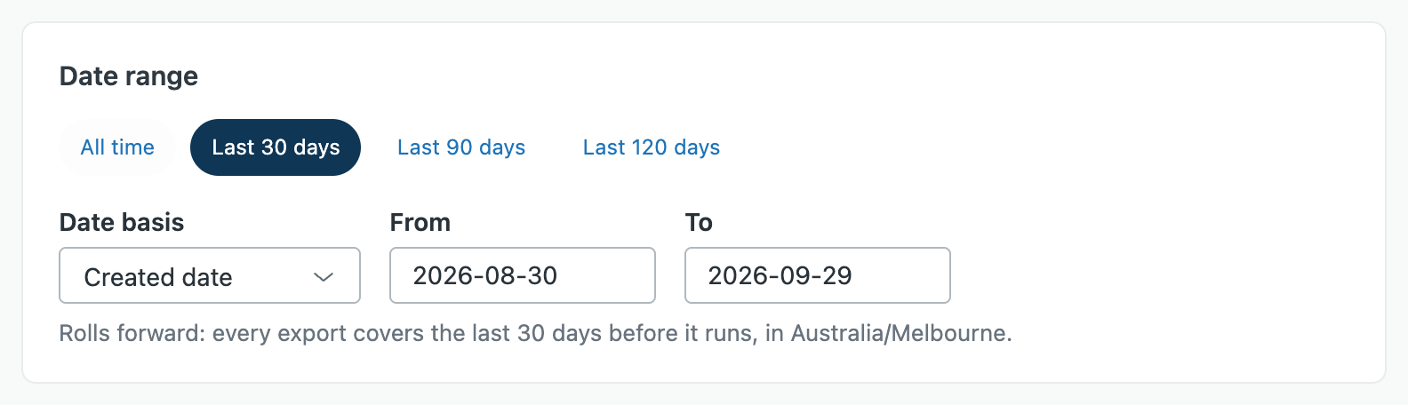 The Date range card with Last 30 days selected