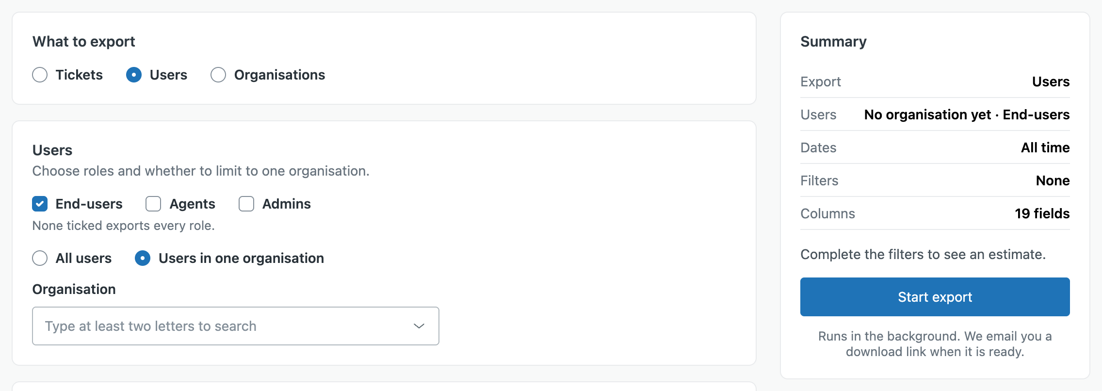 Exporting end-users of one organisation