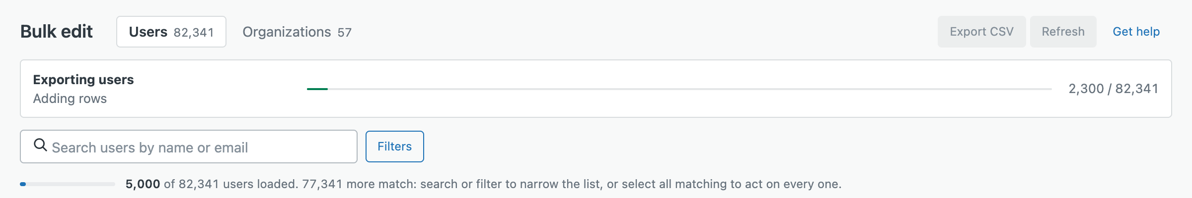 The export progress bar while exporting users