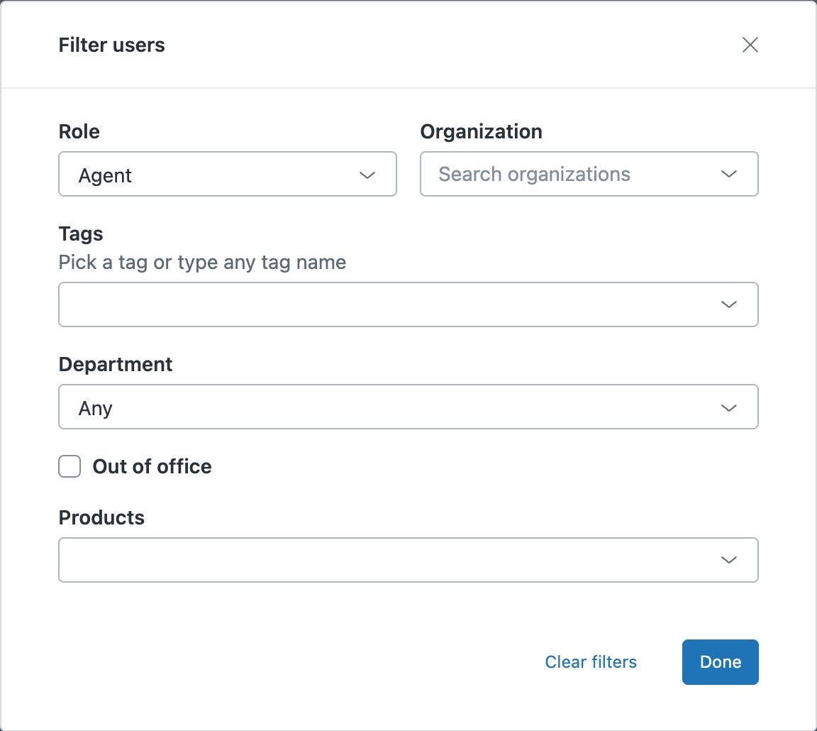 The Filter users panel with role, organisation, tags and custom field filters