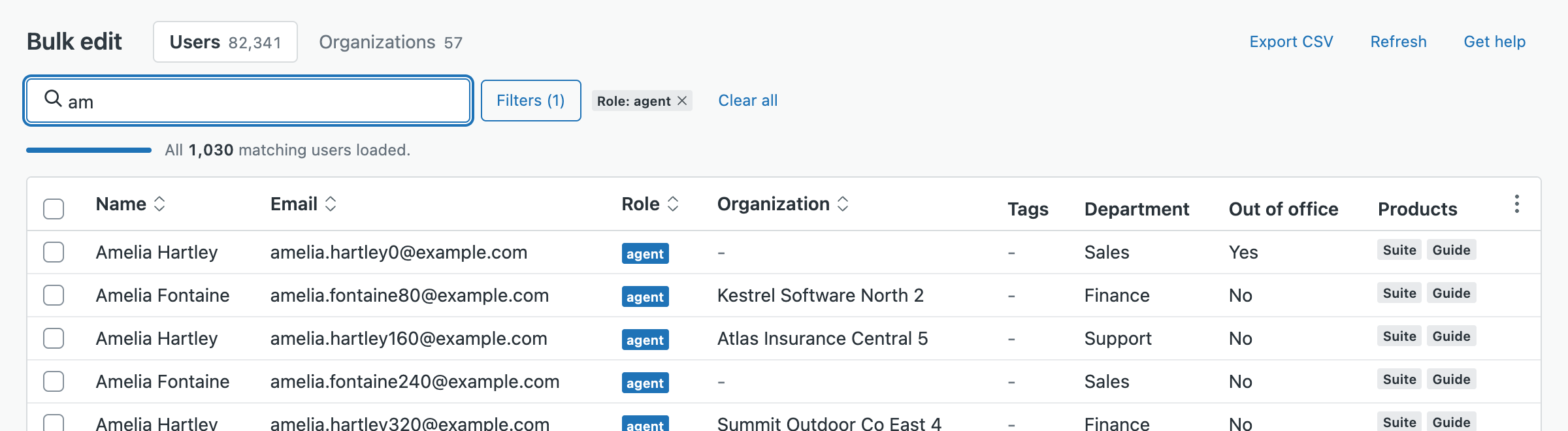 Searching for am with a Role: agent filter chip, showing all 1,030 matching users loaded