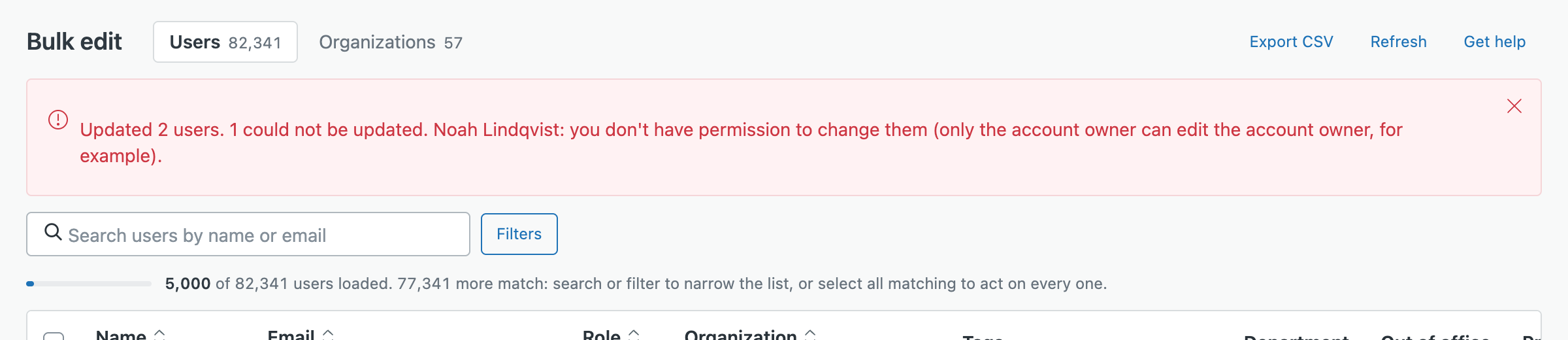 A result message: Updated 2 users. 1 could not be updated, naming the user and the reason