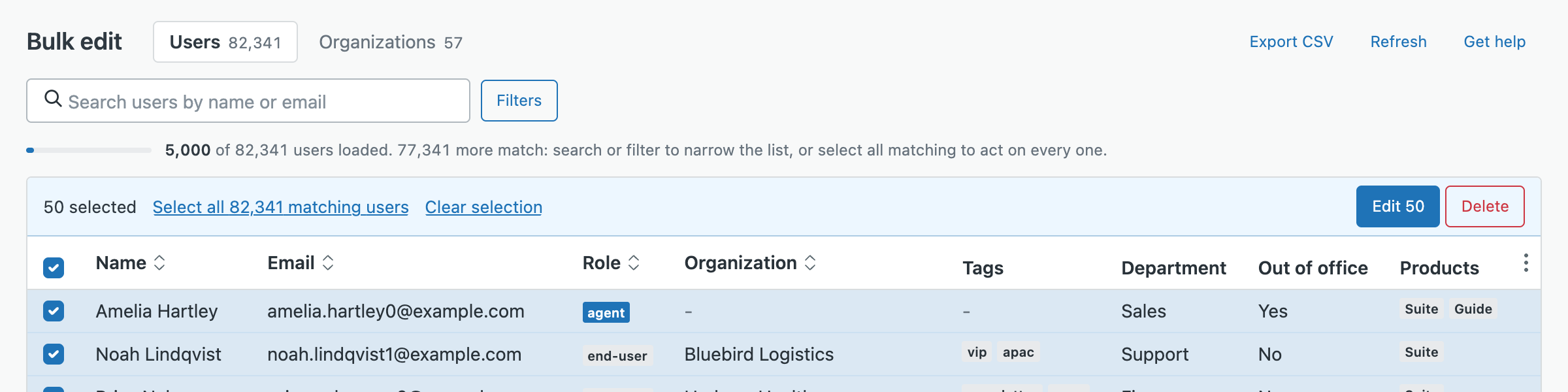 The selection bar with 50 selected, Select all 82,341 matching users, Edit and Delete