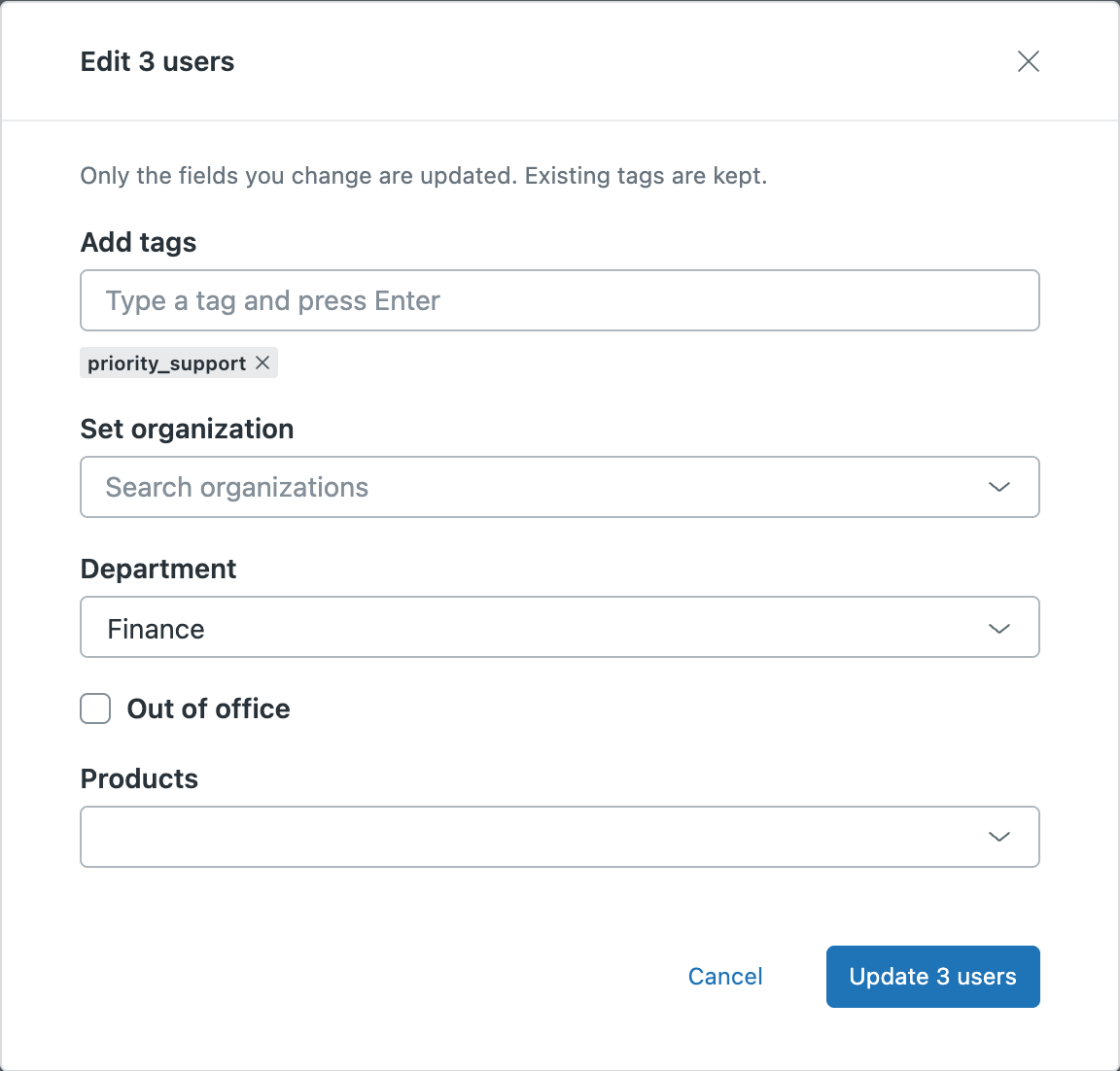 The Edit 3 users dialog with a tag added and the Department field set